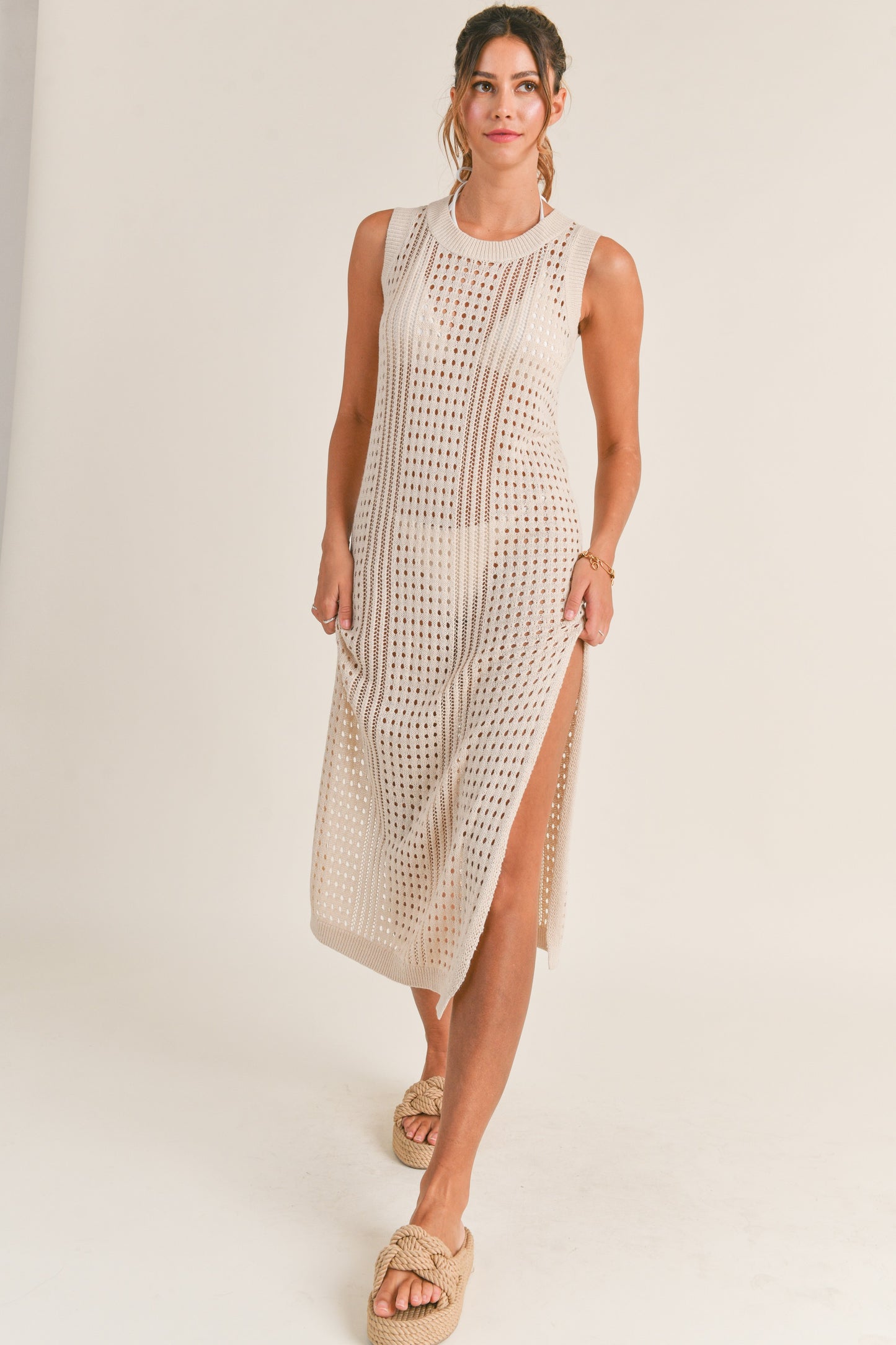 SLEEVELESS CROCHET KNIT COVER UP MIDI DRESS