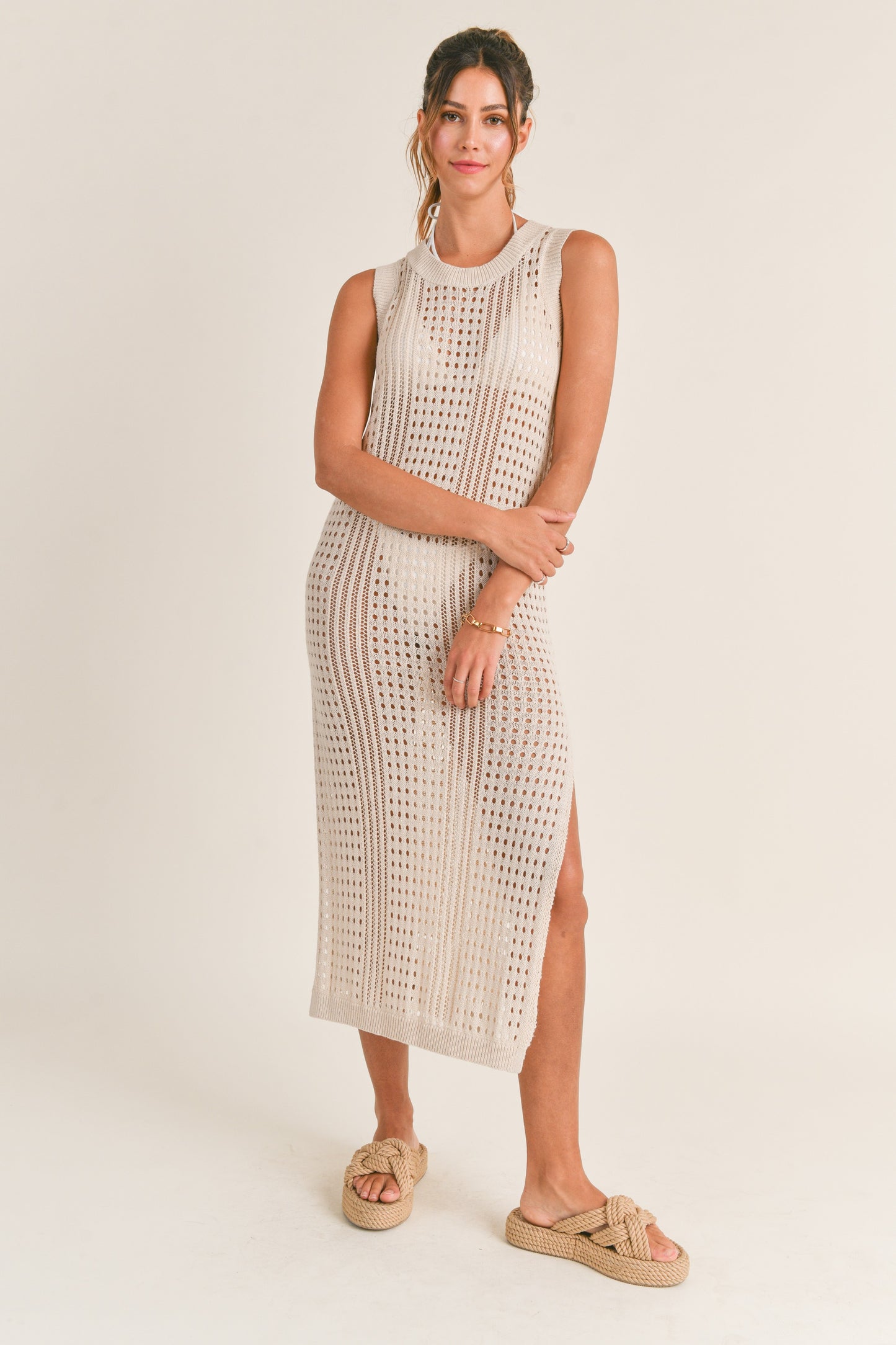 SLEEVELESS CROCHET KNIT COVER UP MIDI DRESS