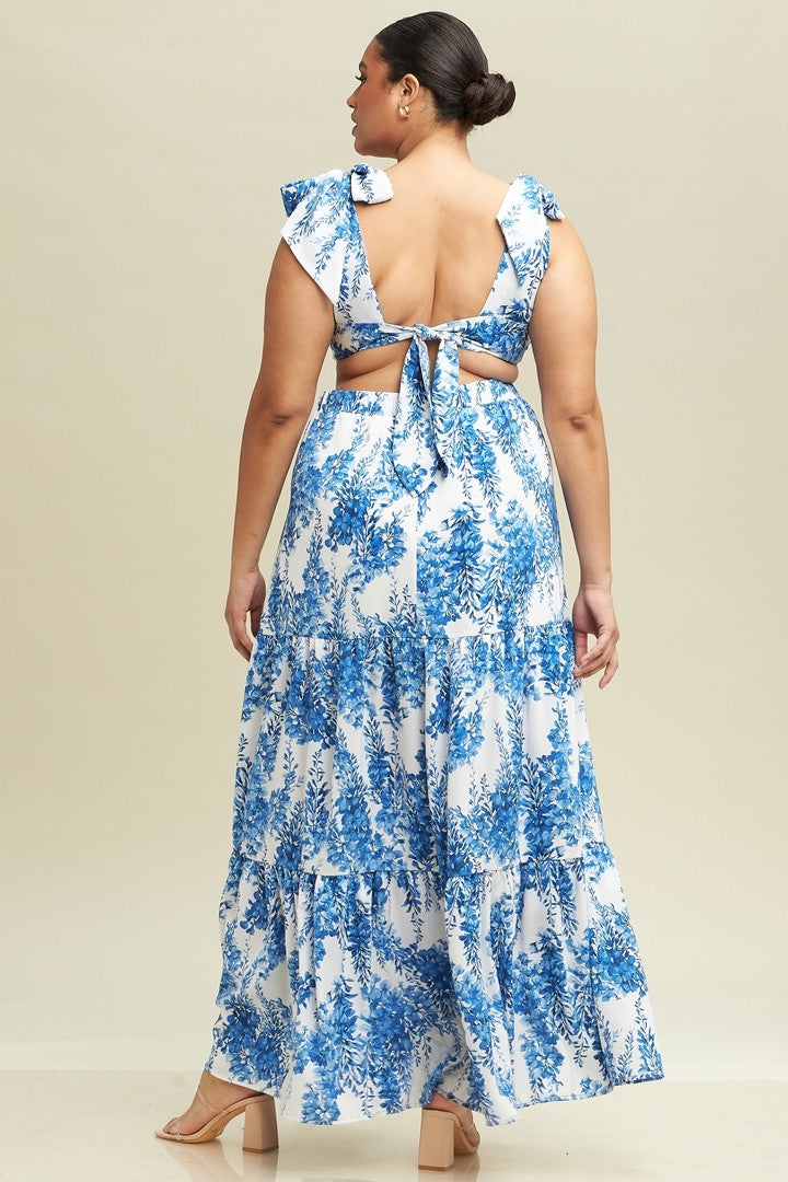 PLUS BLUE FLORALS TIE MAXI DRESS